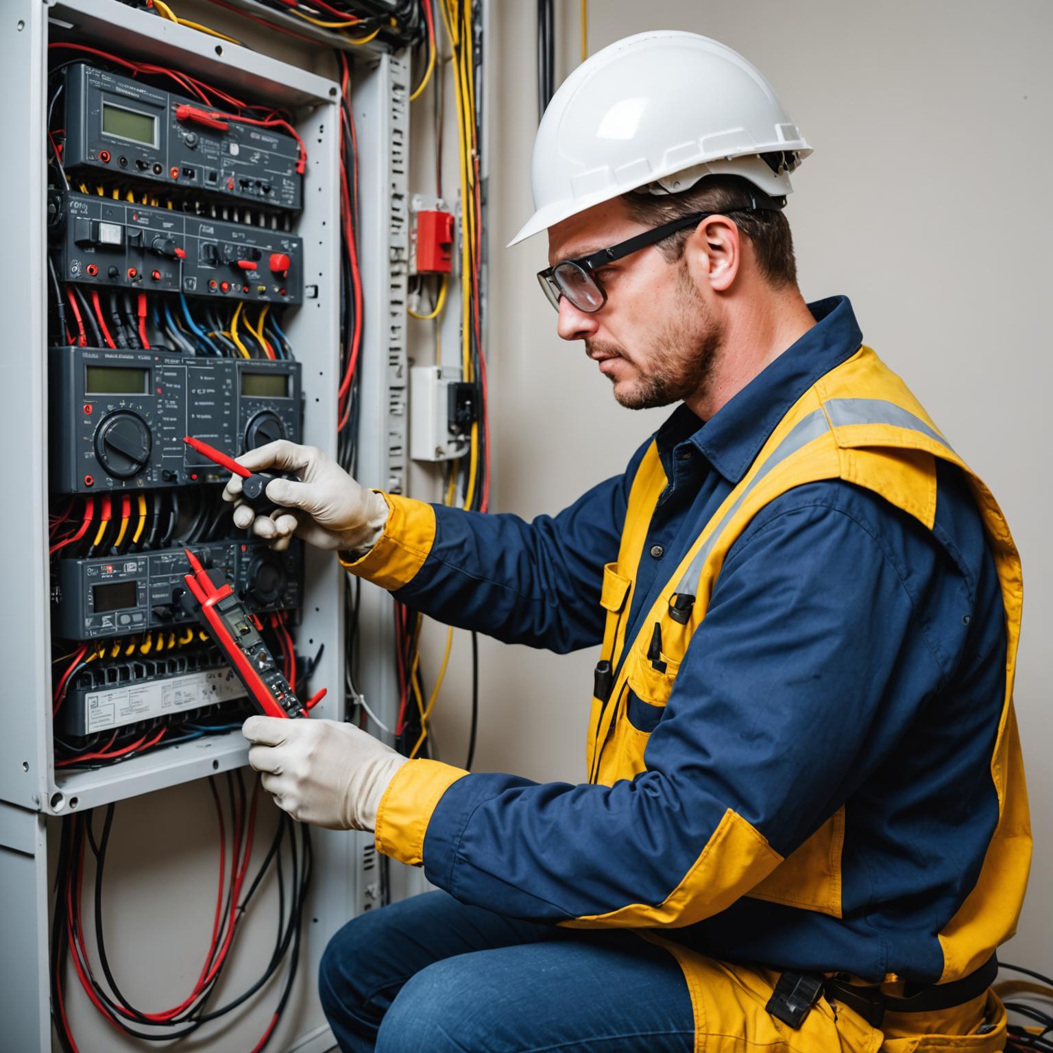 Electrician testing a distribution board with a multimeter