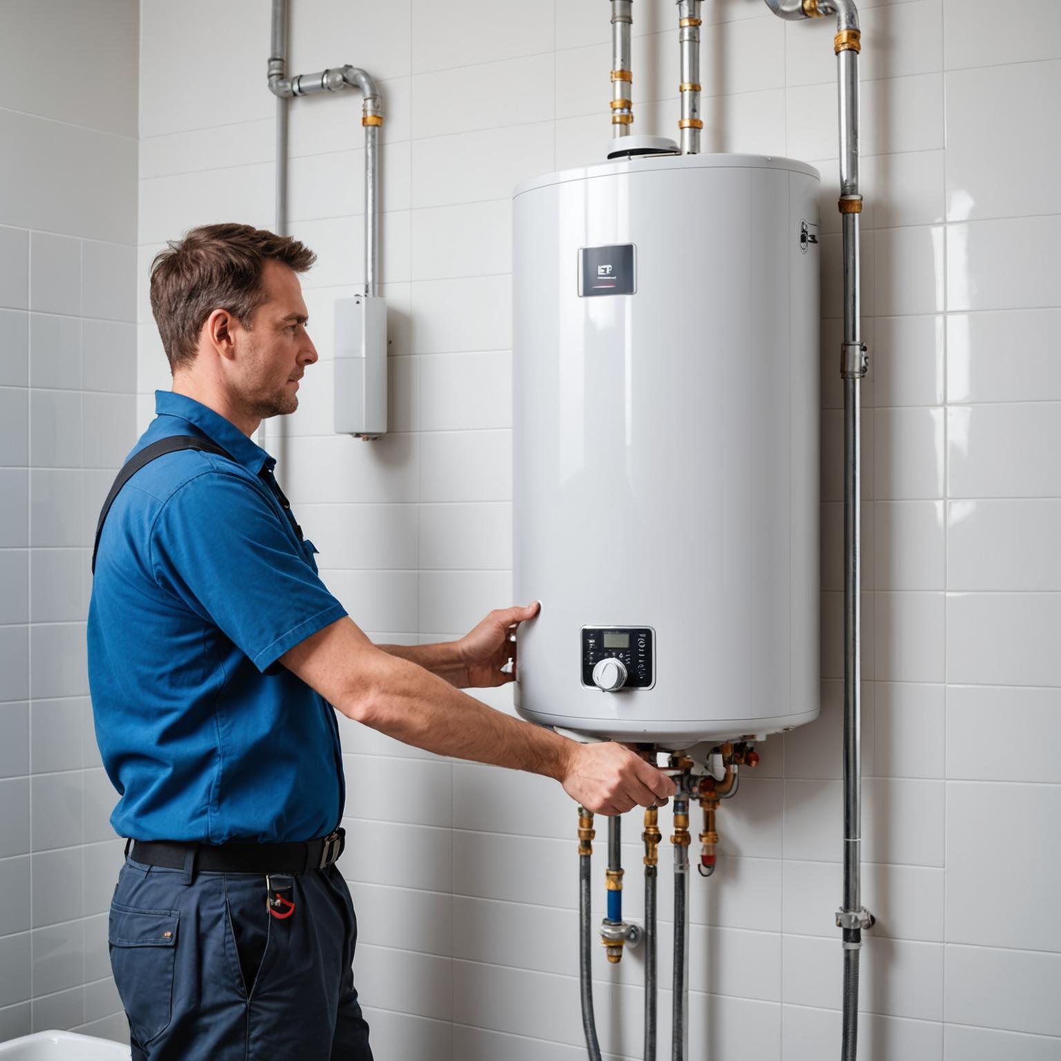Technician mounting a new instant water heater on a bathroom wall