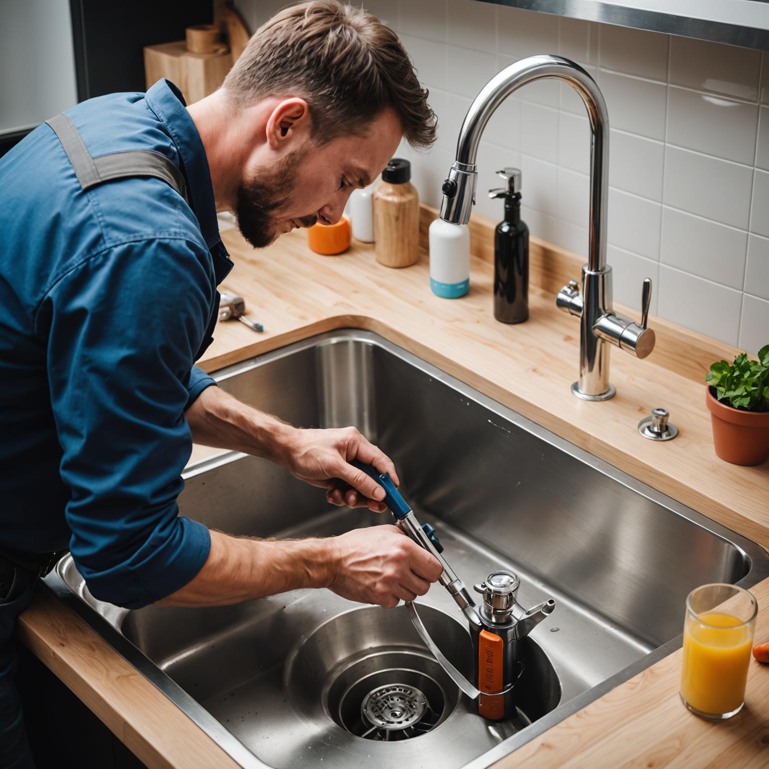 Professional plumber repairing pipes in a modern kitchen