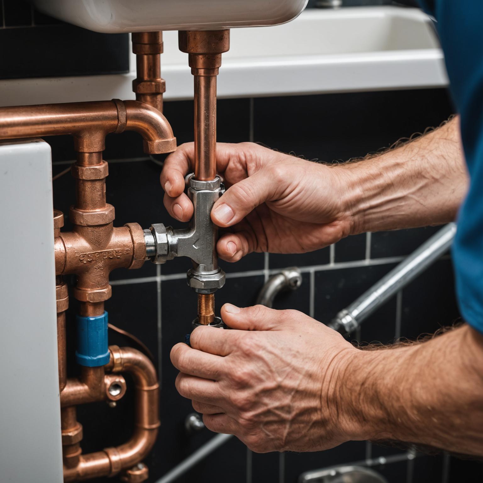 Licensed plumber repairing copper pipes under a kitchen sink