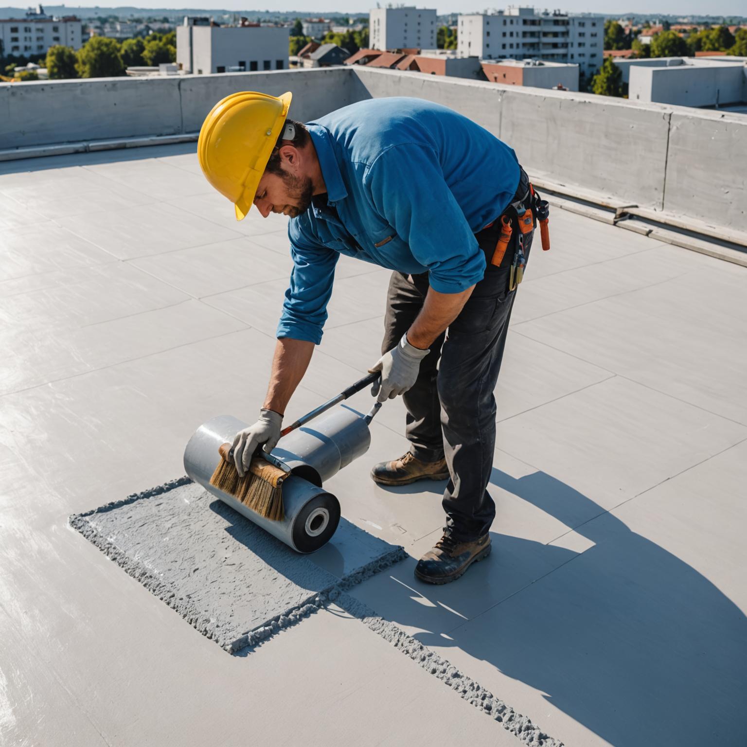 Technician applying waterproof coating to a concrete surface